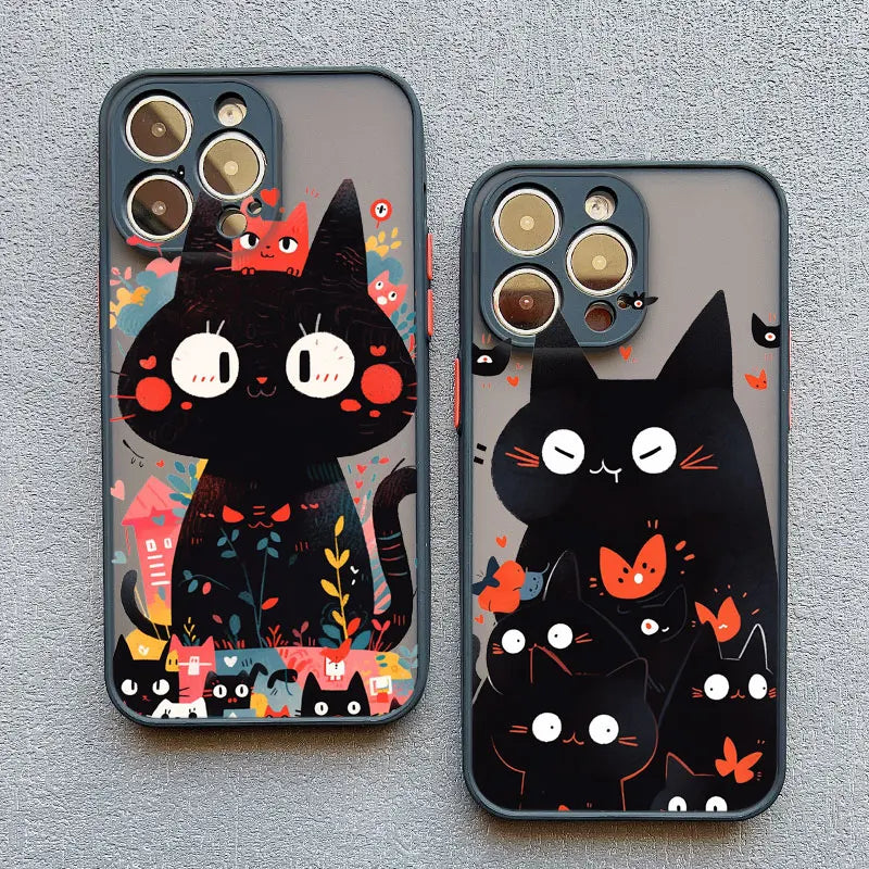 Cute Cartoon Cat Phone Case For iPhone 13 Cases 17 16 14 15 11 12 13 Pro Max Mini XS X XR 15 Plus Black Color Shockproof Covers