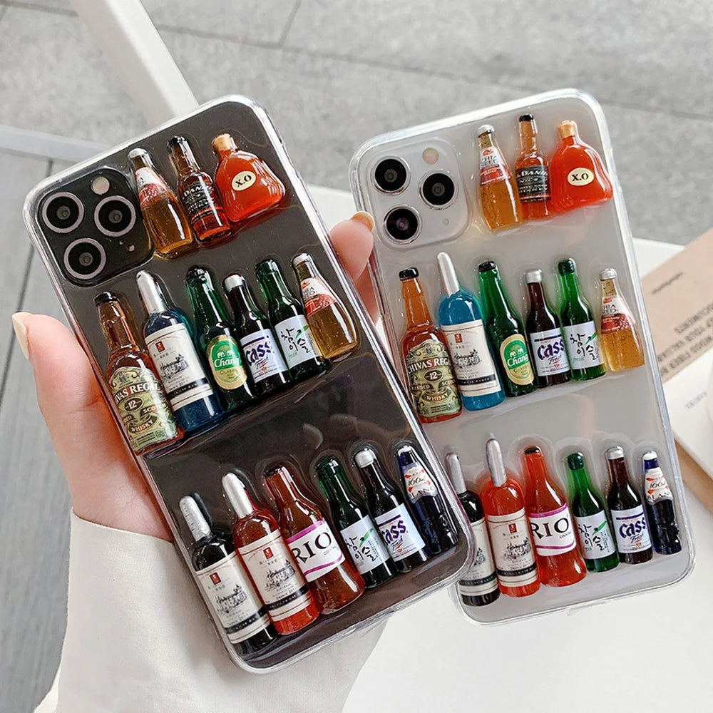 Super 3D Wine Bottles Clear Resin Phone Case For iPhone 17 16 14 15 13 12 Pro Max Cover Shockproof Capa Non slip Skin Funda