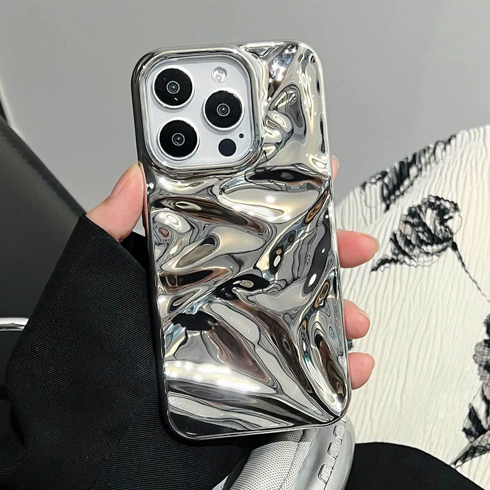 Luxury Electroplate Silvery 3D Wrinkle Phone Case For iphone 17 16 15 14 13 12 Pro Max Purple Water Ripple Shockproof Soft Cover