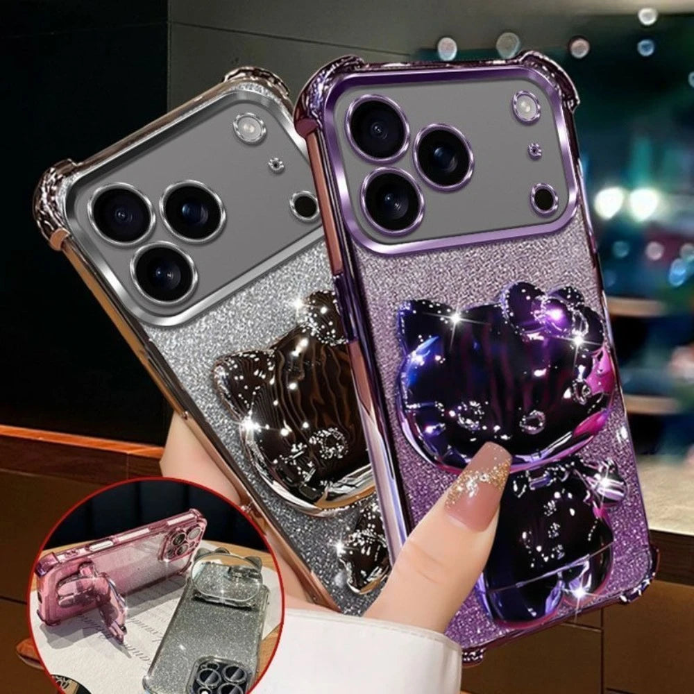 Luxury Glitter Mirror Hello Kitty Stand Holder Phone Case For IPhone 17 Pro Max AIR 16 15 14 13 Plus Corner Protection Cover