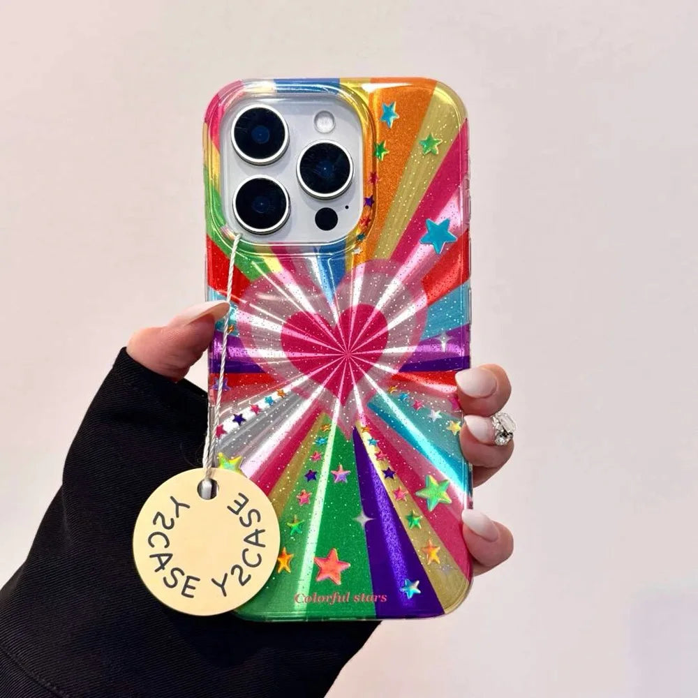 Fantastic Rainbow Laser Love Star Phone Case For iPhone  16 15 14 13 12 11 Pro Max XR XS MAX  7 8 Plus Y2K Anti Fall Cover