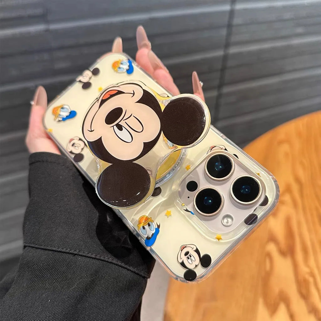 Korean INS Mickey Cartoon magnetic stand phone case for iPhone 13 15 pro 14 16 Pro Max cover with Magsafe Holder Shockproof Case