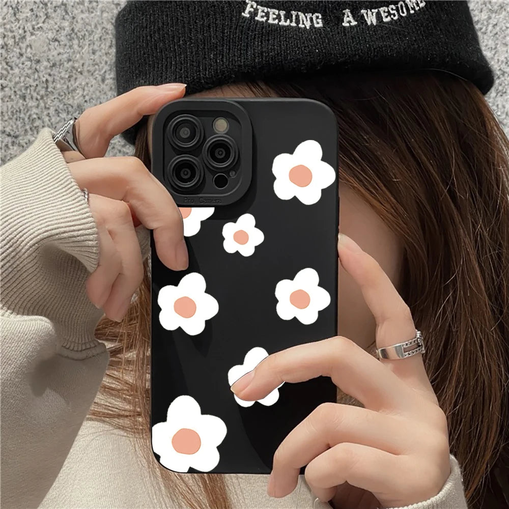 Phone Case For iPhone 16 Cases iPhone 17 15 11 12 13 14 Pro Max XR 16E 15 Plus Black Stylish Flower Patterned Design Phone Cover