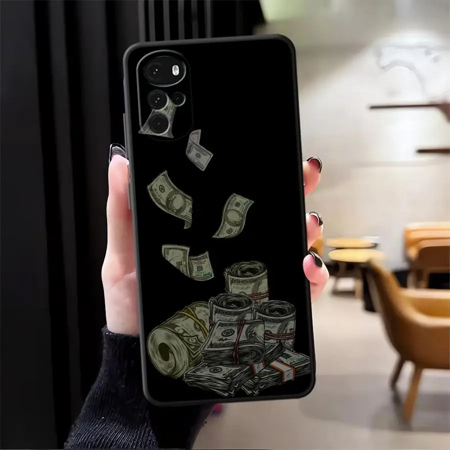 Dollar Money Case for Motorola Mot G22 Edge40 G50 Edge 20 Pro 30 Lite G52 G60s G60 G32 G51 G73 G53 G30 G71 Black Soft Phone