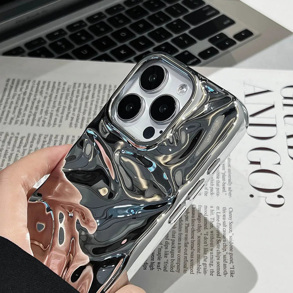 Luxury Electroplate Silvery 3D Wrinkle Phone Case For iphone 17 16 15 14 13 12 Pro Max Purple Water Ripple Shockproof Soft Cover