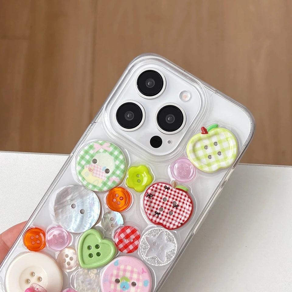 Cute Transparent Button Phone Case For iPhone 15 14 13 12 11 16 Pro Max 14 15 16 Plus Silicone Clear Shockproof Protector Cover