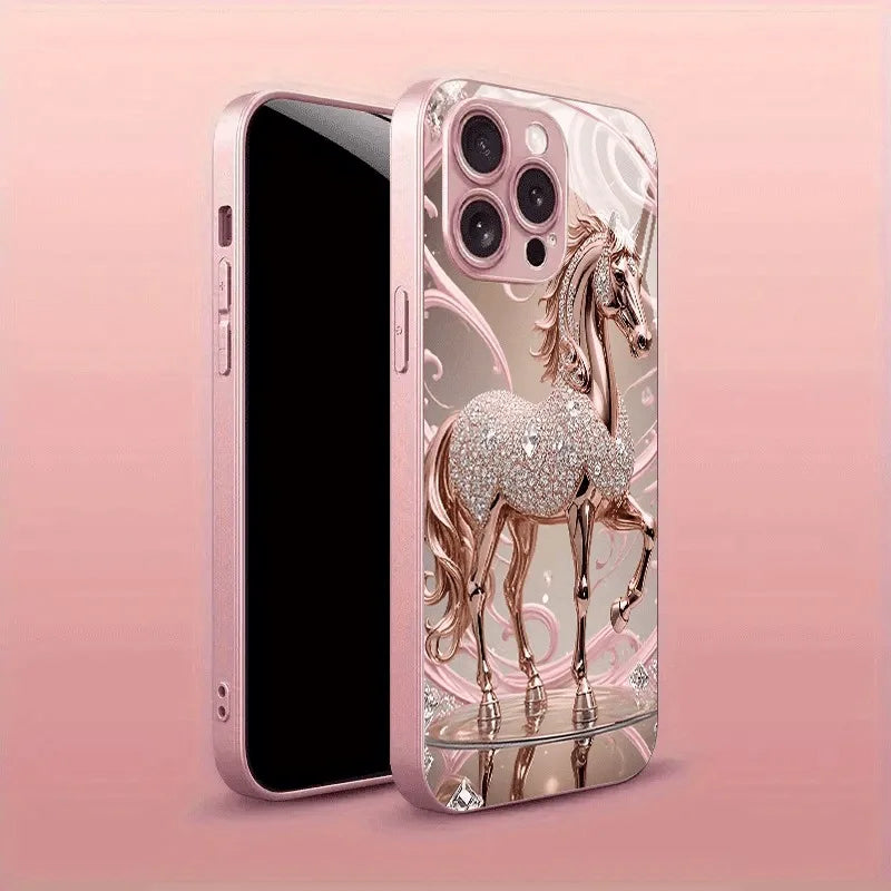 Luxury Diamond Horse Pattern Pink Metallic Glass Phone Case For iPhone 17 16 15 14 13 12 11 Pro Max 15 14 Plus 17 Air 16E Cover