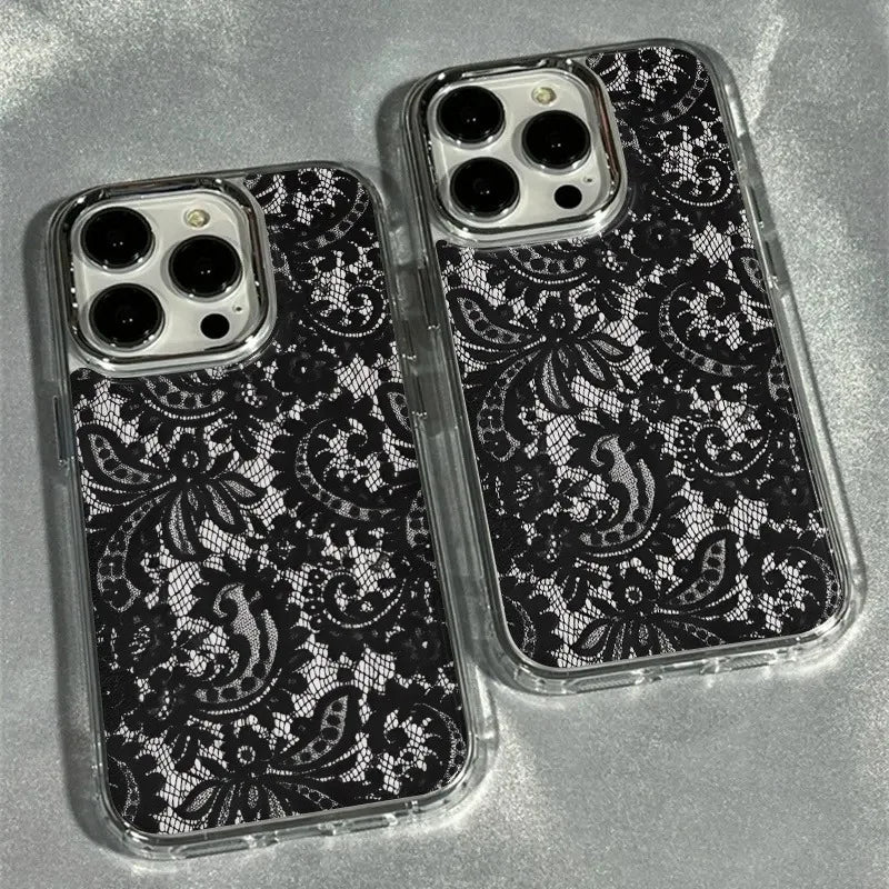 1Pc Stylish Black Lace Pattern Transparent Electroplated Frame Phone Case, Suitable for iPhone 17/16 Pro Max/15/14 Plus/13/12/11, Shock-Absorbing, Anti-Slip, Lightweight, Fashionable and Trendy Design, Unisex.