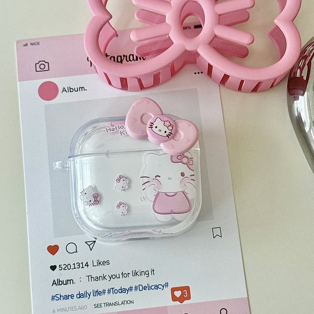 Earphone Case For Airpods 1 2 3 4 Pro 2 3D Cute Sanrio Hello Kitty Wireless Bluetooth Headset Protective Soft Cover With Pendant