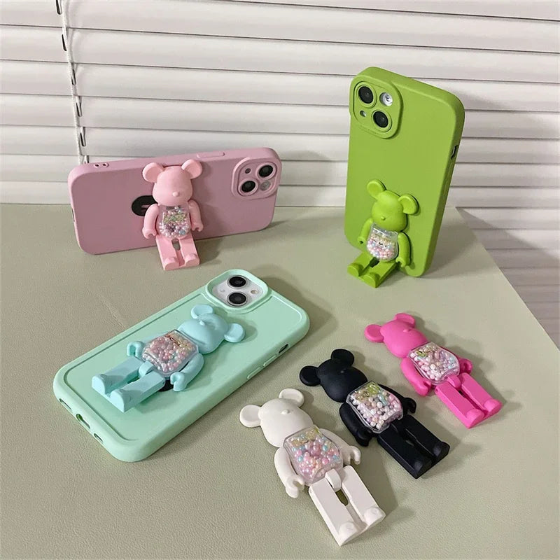 Stylish 3D Gradient Bear Phone Folding Bracket Holder Ring For iPhone 15 Samsung Phone Accessories Quicksand Lazy Bracket