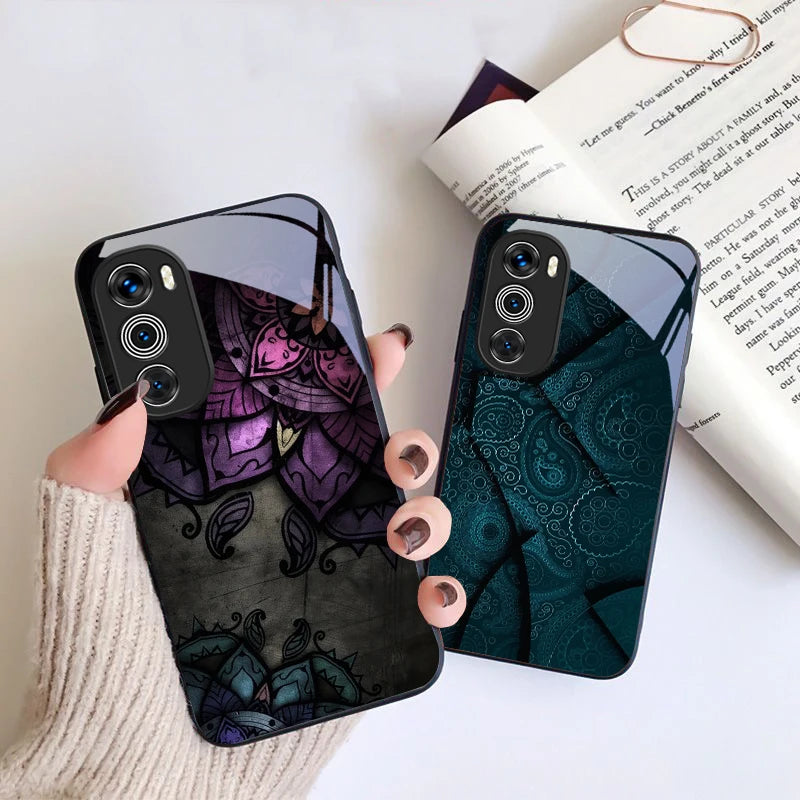 Black Pattern For Moto G54 Power 5G G75 Edge 50 Neo G14 24 4G 34 G55 85 35 20 Lite 30 Pro G24 Power Black Glass Phone Case