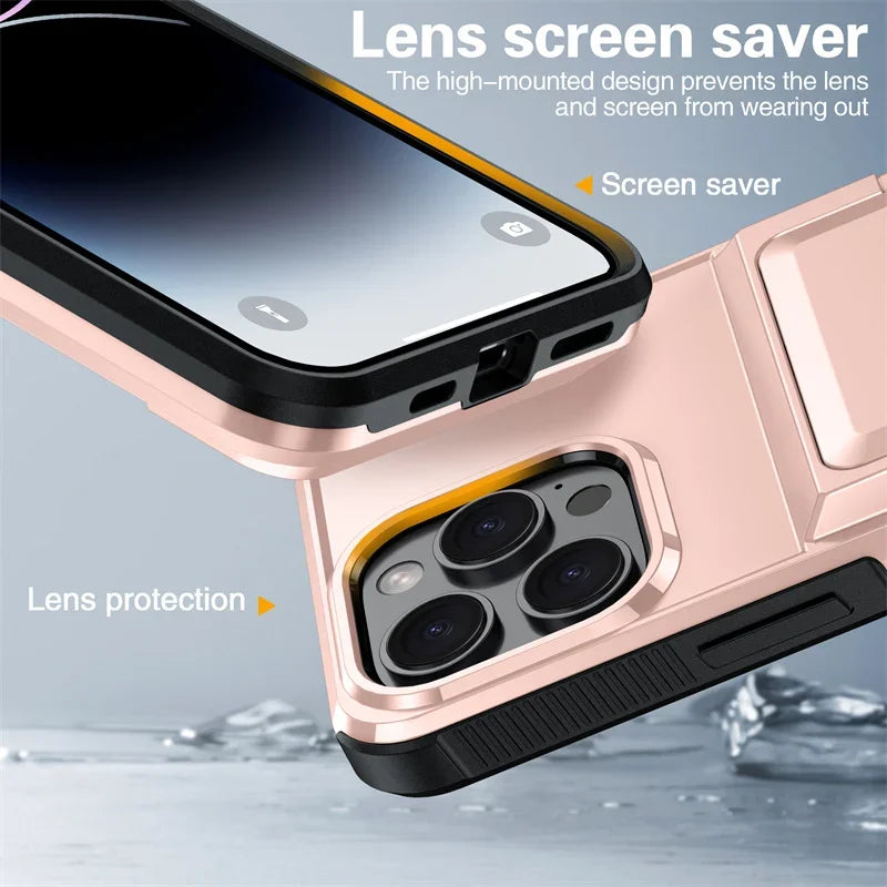 Shockproof Phone Cases with Card Slot for iPhone 16 15 14 Pro Max 13 12 11 Pro Bracket Protective Cover for iPhone 16 Flip Shell