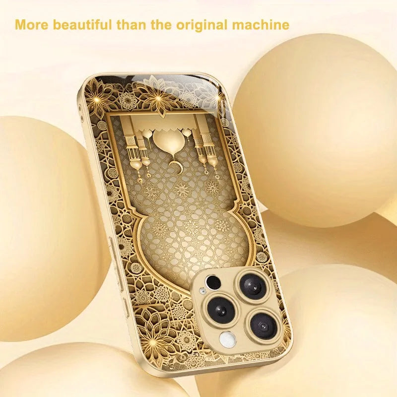 Luxury Gold Palace Pattern Gold Metallic Paint Glass Phone Case For iPhone 17 16 15 14 13 12 11 Pro Max 15 Plus 17Air 16E Cover