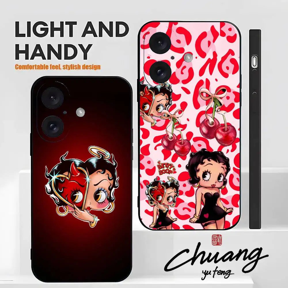 B-Bettys B-Boops Phone Case Stylish Black Matte TPU Case For 11-16. Anti-slip And Wear-resistant