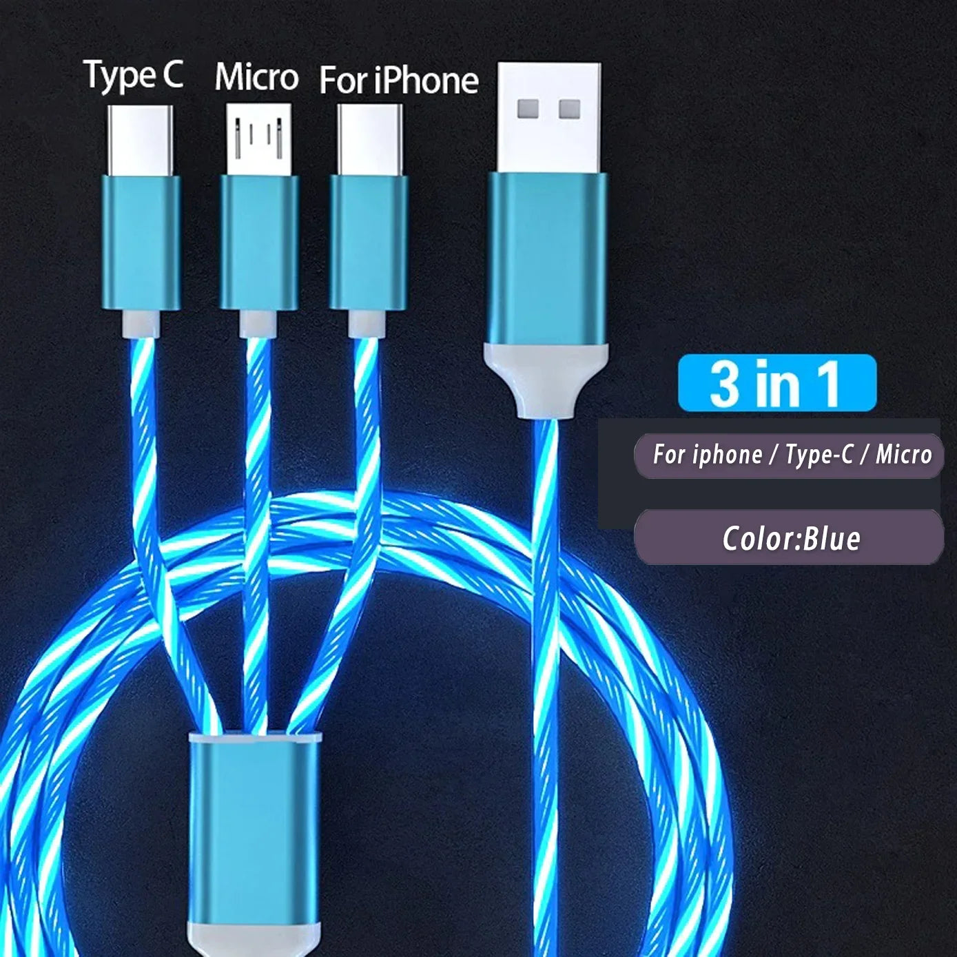 3 IN 1 Glowing LED Light Phone Charger Luminous USB Type C Cable For Xiaomi For iphone For Samsung Phone Accessories Charge Cord
