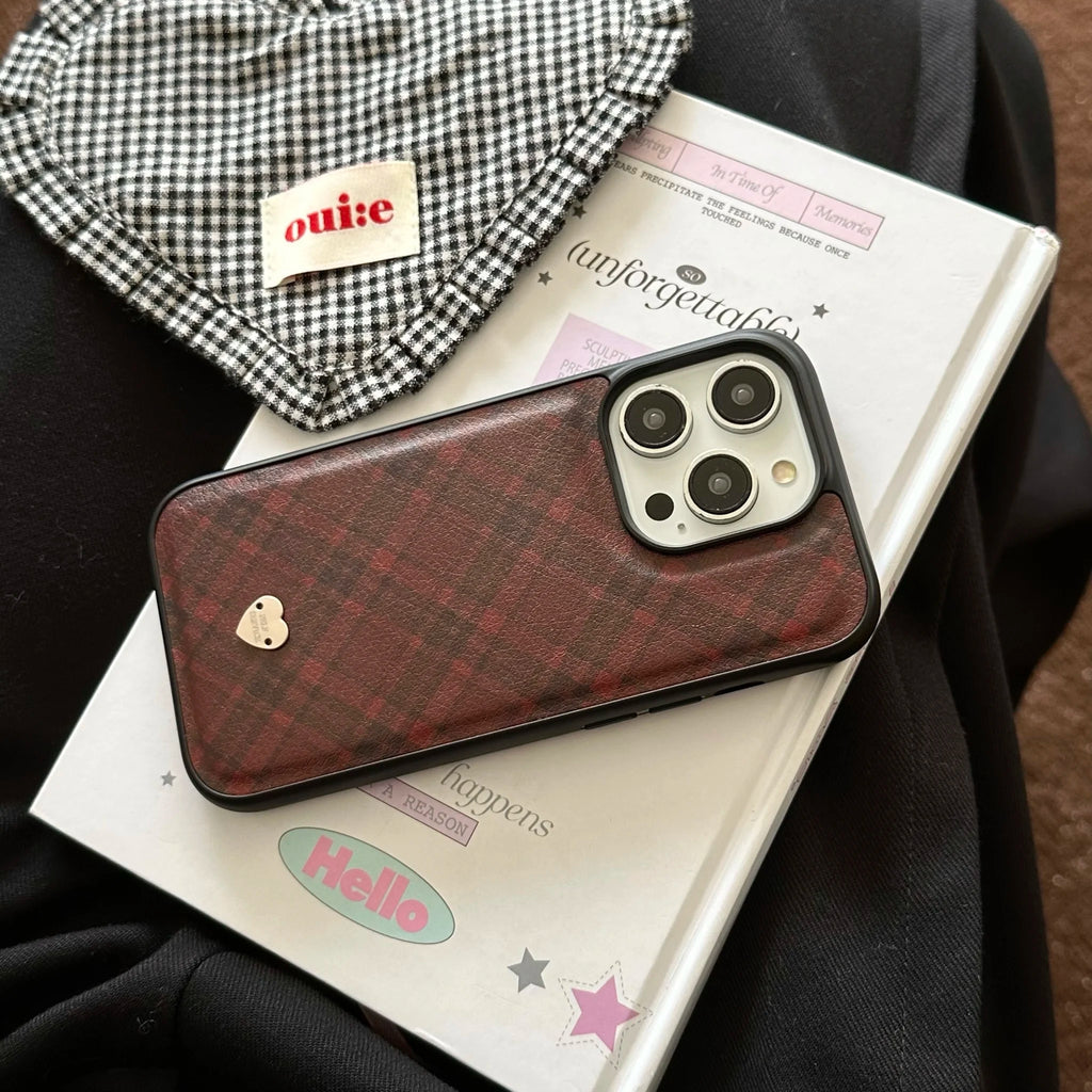Crimson-plaid Leather Phone Case for iPhone 16, 16Pro, 16Promax, 15, 15Pro, 15Promax, 14, 14Pro, 14Promax, 13