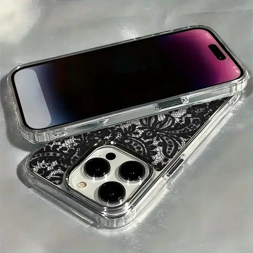 1Pc Stylish Black Lace Pattern Transparent Electroplated Frame Phone Case, Suitable for iPhone 17/16 Pro Max/15/14 Plus/13/12/11, Shock-Absorbing, Anti-Slip, Lightweight, Fashionable and Trendy Design, Unisex.