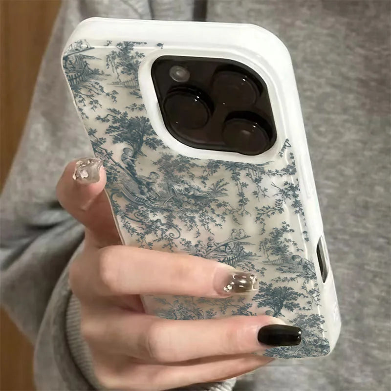 Cute Blue Floral Pattern Soft Phone Case For IPhone 17 16 Pro Max 15 Plus 13 14 12 11 Pro Max 17 Air Wrinkle Texture Cover Case