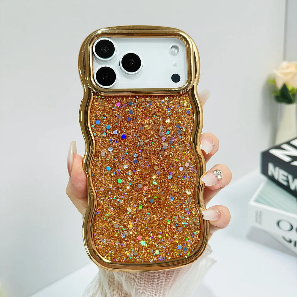 Glitter Case for iPhone 17promax Bling Plating Wave Edge Phone Case for iPhone Air Cute Shockproof Shiny Cover for iPhone 17pro