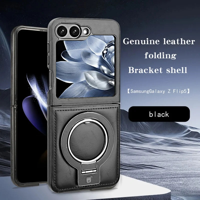 Samsung Galaxy Z Flip 6 5 4 3 Magnetic Flip Phone Case High-end Leather ZFlip 6 Ring Bracket Shockproof Wireless Charge Funda