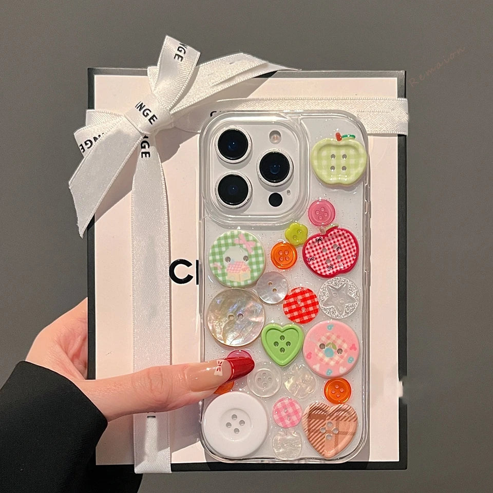 Cute Transparent Button Phone Case For iPhone 15 14 13 12 11 16 Pro Max 14 15 16 Plus Silicone Clear Shockproof Protector Cover