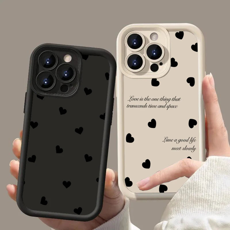 Black Love Heart Soft Matte Phone Case For iPhone 11 12 13 14 Pro 16E XS X XR 7 8 Plus SE2 Cover For iPhone 15 16 Pro Max Cases