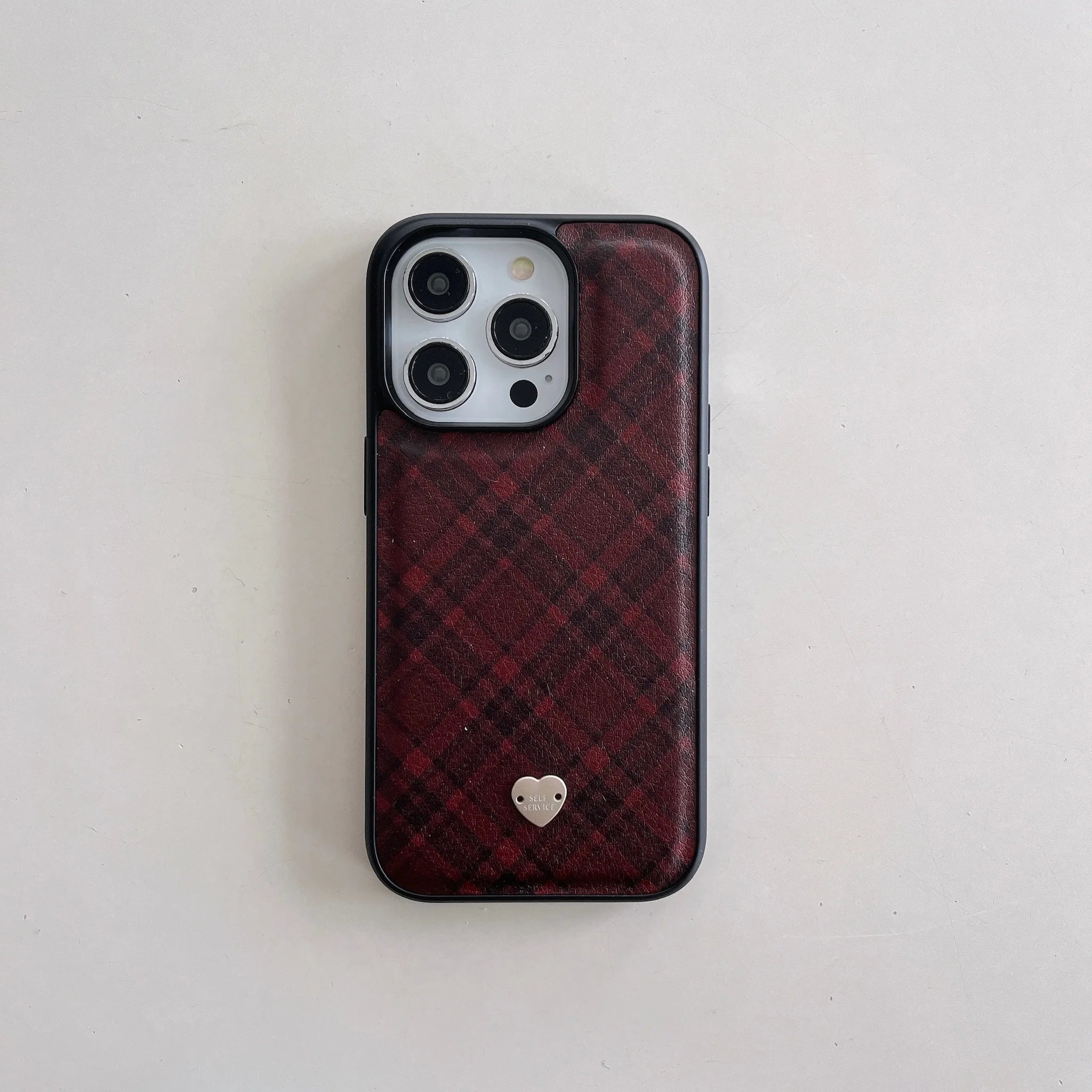 Crimson-plaid Leather Phone Case for iPhone 16, 16Pro, 16Promax, 15, 15Pro, 15Promax, 14, 14Pro, 14Promax, 13