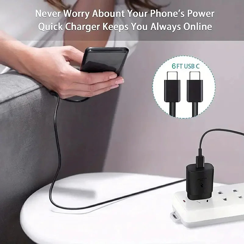 PD 25W Fast Charging Charger with 1M/3FT Type C Cable Set for Samsung Phone IPhone15-2 Pack
