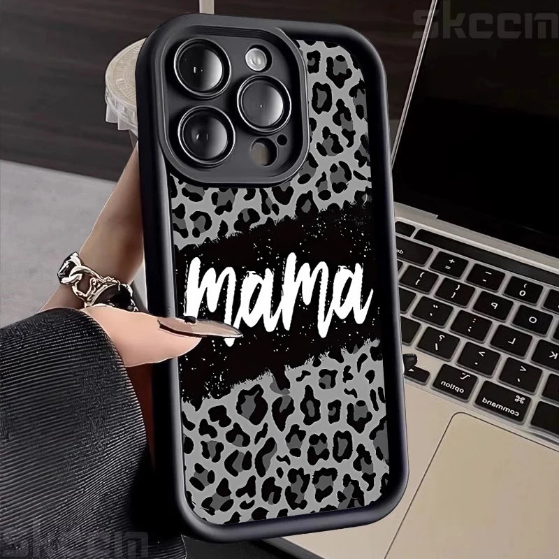 Leopard Print Mom Letter Patter Phone Case For iPhone 16 15 Pro Max 14 Plus 13 12 11 X XS XR 7 8 Plus Matte Silicone Soft Cover