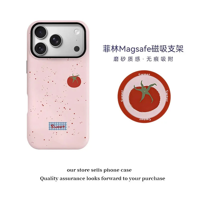 Cute Pink Polka Dot Tomato Phone Case for IPhone 17 Air 16 Pro 15 14 13 12 11 Pro Max Cover with Magsafe Cute Stand Holder Cases
