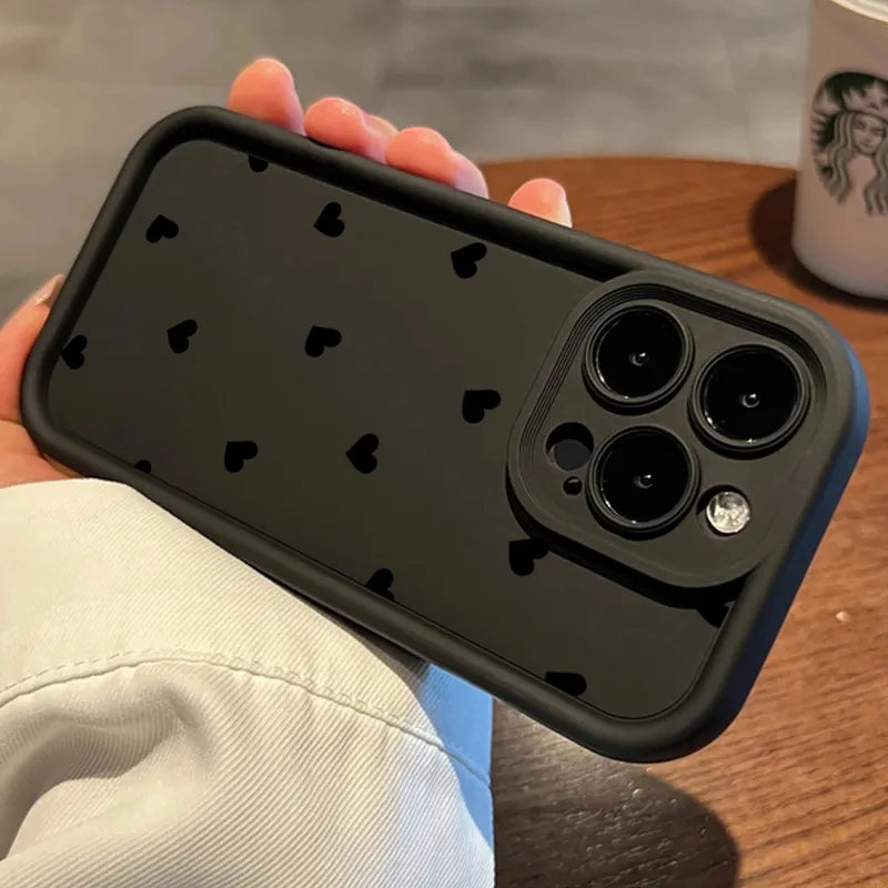Black Love Heart Soft Matte Phone Case For iPhone 11 12 13 14 Pro 16E XS X XR 7 8 Plus SE2 Cover For iPhone 15 16 Pro Max Cases