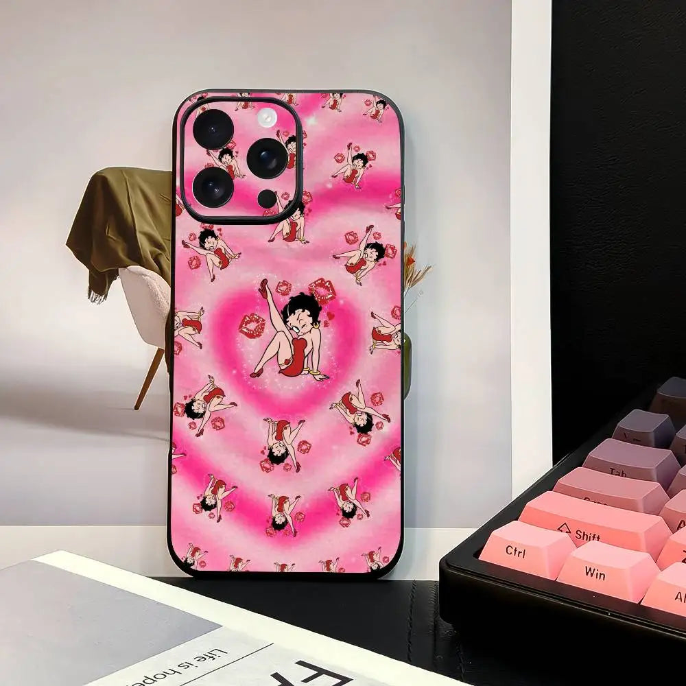 B-Bettys B-Boops Phone Case Stylish Black Matte TPU Case For 11-16. Anti-slip And Wear-resistant