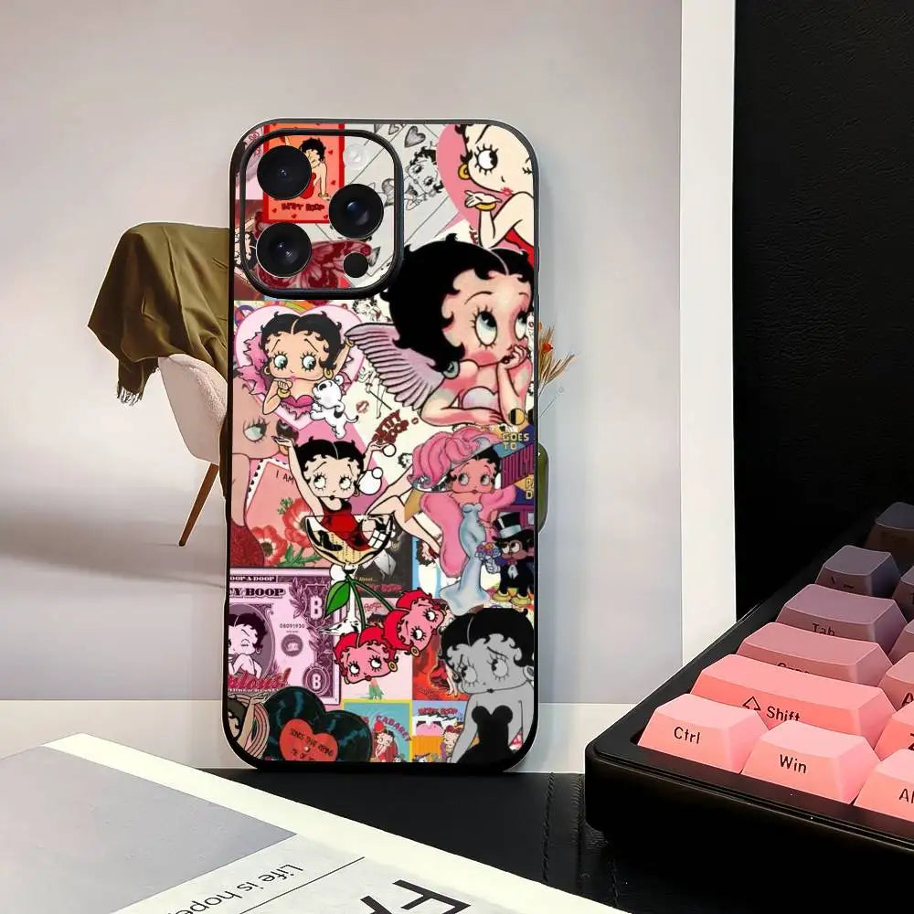 B-Bettys B-Boops Phone Case Stylish Black Matte TPU Case For 11-16. Anti-slip And Wear-resistant