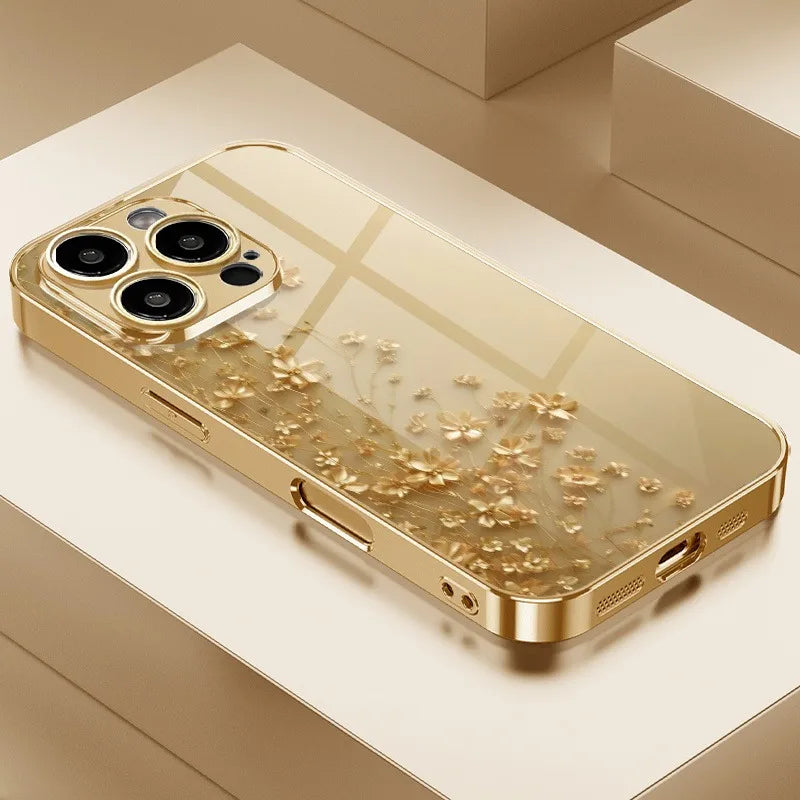 Elegant Golden Flower Gold Metallic Paint Glass Phone Case For iPhone 17 16 15 14 13 12 11 Pro Max 15 14 Plus 17 Air 16E Cover
