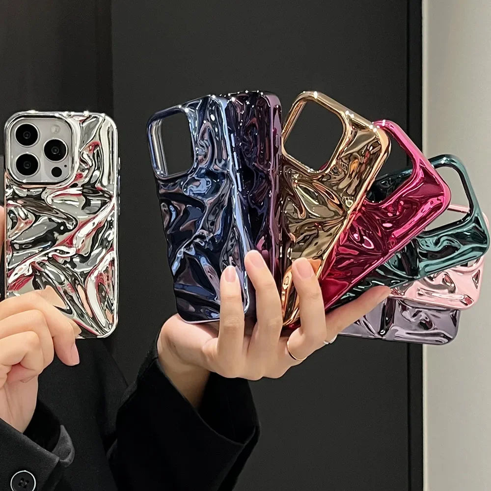 Luxury Electroplate Silvery 3D Wrinkle Phone Case For iphone 17 16 15 14 13 12 Pro Max Purple Water Ripple Shockproof Soft Cover