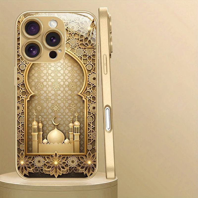 Luxury Gold Palace Pattern Gold Metallic Paint Glass Phone Case For iPhone 17 16 15 14 13 12 11 Pro Max 15 Plus 17Air 16E Cover