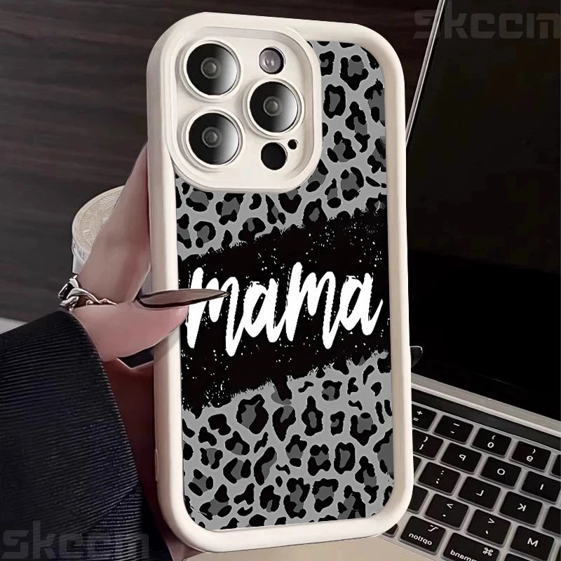 Leopard Print Mom Letter Patter Phone Case For iPhone 16 15 Pro Max 14 Plus 13 12 11 X XS XR 7 8 Plus Matte Silicone Soft Cover