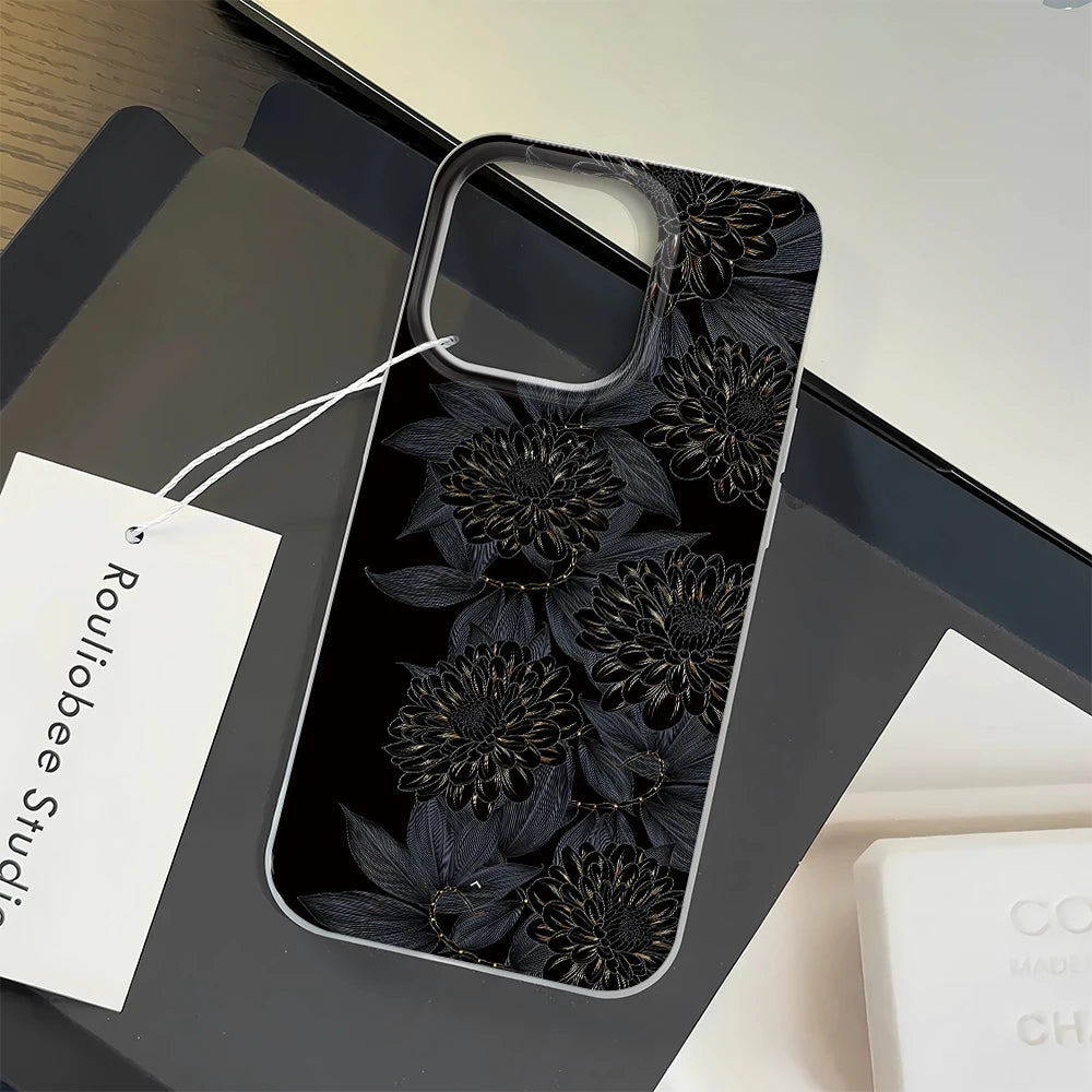 Black Flower Matte Hard Phone Case For iPhone 16 15 14 13 12 11 Pro Max SE 2020 Transparent Back Cases Cover