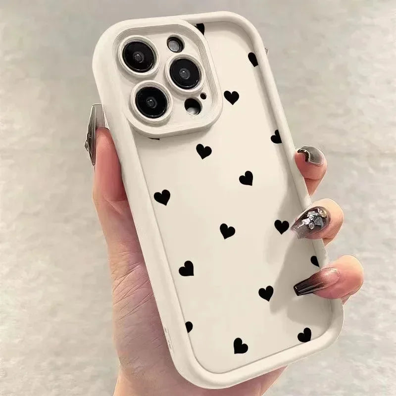 Black Love Heart Soft Matte Phone Case For iPhone 11 12 13 14 Pro 16E XS X XR 7 8 Plus SE2 Cover For iPhone 15 16 Pro Max Cases