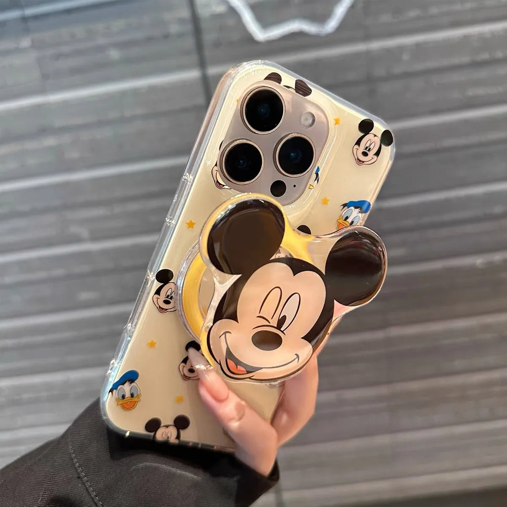 Korean INS Mickey Cartoon magnetic stand phone case for iPhone 13 15 pro 14 16 Pro Max cover with Magsafe Holder Shockproof Case