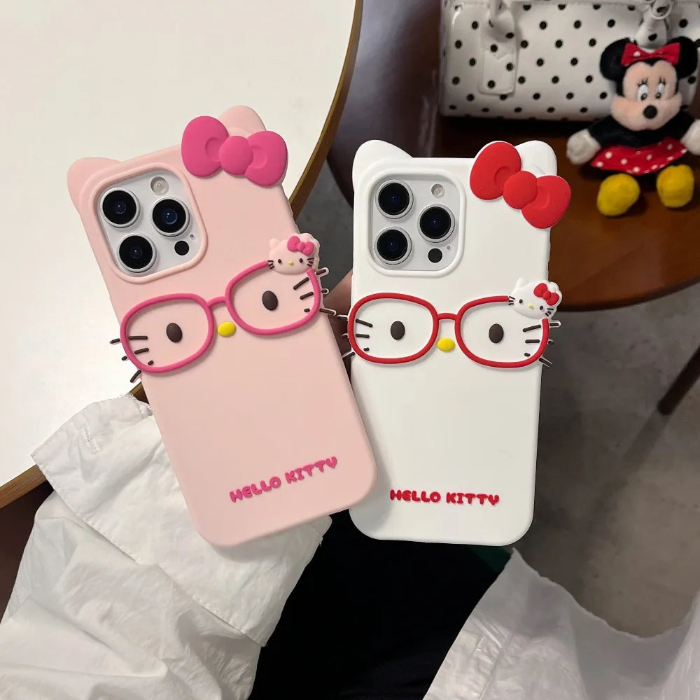 3D Stereoscopic Phone Case For iPhone 17 16 15 14 13 12 11 Pro Max Cute Cartoon Sanrio Hello Kitty Bow Cases Soft Silicone Cover