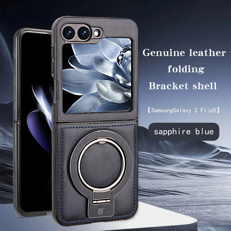 Samsung Galaxy Z Flip 6 5 4 3 Magnetic Flip Phone Case High-end Leather ZFlip 6 Ring Bracket Shockproof Wireless Charge Funda