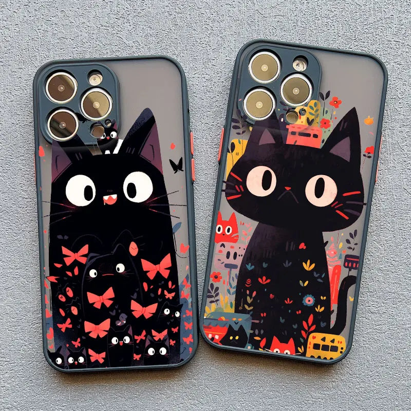 Cute Cartoon Cat Phone Case For iPhone 13 Cases 17 16 14 15 11 12 13 Pro Max Mini XS X XR 15 Plus Black Color Shockproof Covers