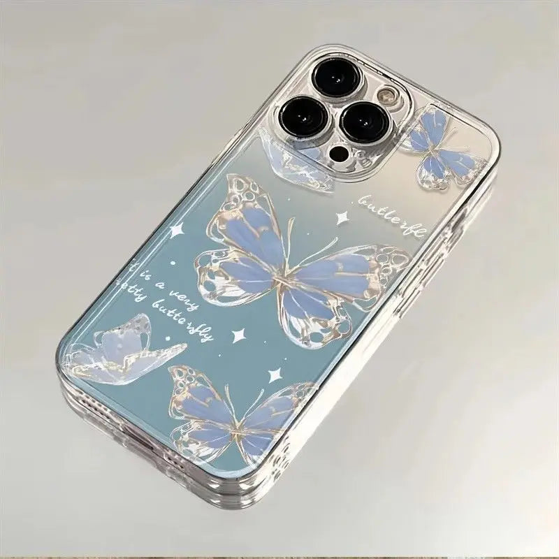 INS Blue Ice Crystal Butterfly Phone Case For iPhone 16 15 14 13 12 11 Pro Max XR XS MAX 7 8 PLUS MINI Soft TPU Shockproof Cover