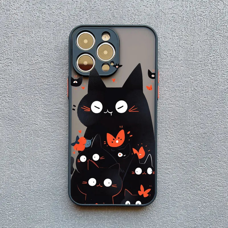 Cute Cartoon Cat Phone Case For iPhone 13 Cases 17 16 14 15 11 12 13 Pro Max Mini XS X XR 15 Plus Black Color Shockproof Covers