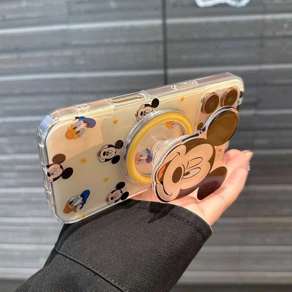 Korean INS Mickey Cartoon magnetic stand phone case for iPhone 13 15 pro 14 16 Pro Max cover with Magsafe Holder Shockproof Case