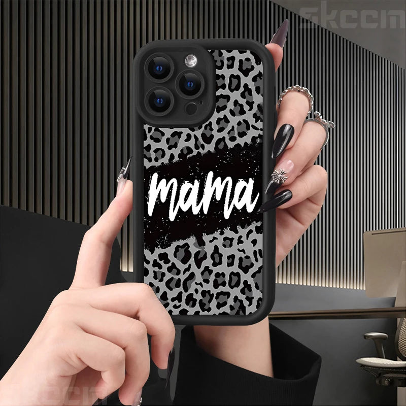 Leopard Print Mom Letter Patter Phone Case For iPhone 16 15 Pro Max 14 Plus 13 12 11 X XS XR 7 8 Plus Matte Silicone Soft Cover