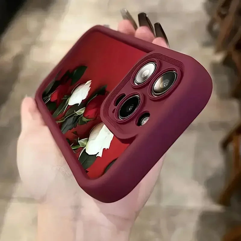 Wine Red Rose and White Rose Phone Cases For iPhone 16 15 Pro Max Cases iPhone 11 12 13 14 Pro XR X XS 7 8 Plus Anti-fall Covers
