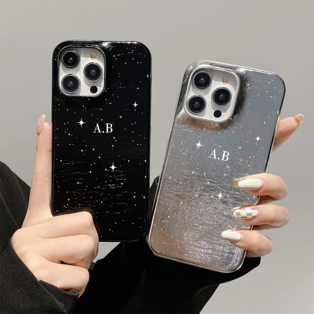 Silver Leather phone case for iphone 16 15 14 plus 13 12 11 pro max cover Luxury Customized Letter  funda diy name cases carcasa