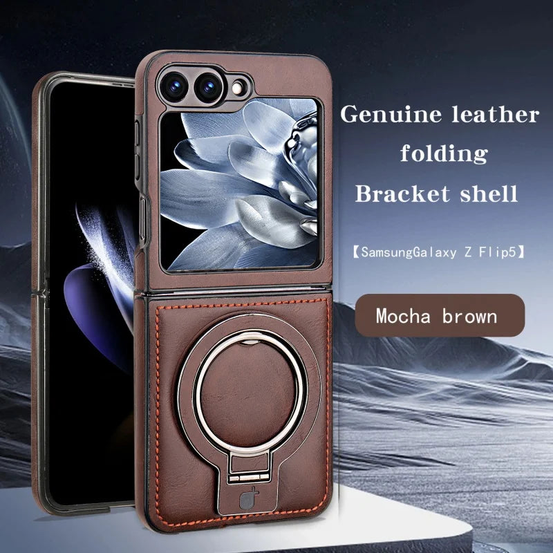 Samsung Galaxy Z Flip 6 5 4 3 Magnetic Flip Phone Case High-end Leather ZFlip 6 Ring Bracket Shockproof Wireless Charge Funda